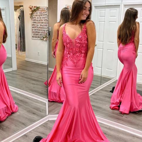 Bowith Pink Evening Dresses Applique Prom Dresses For Women Formal Gala Party Dress For Wedding Guest Vestidos De Fiesta