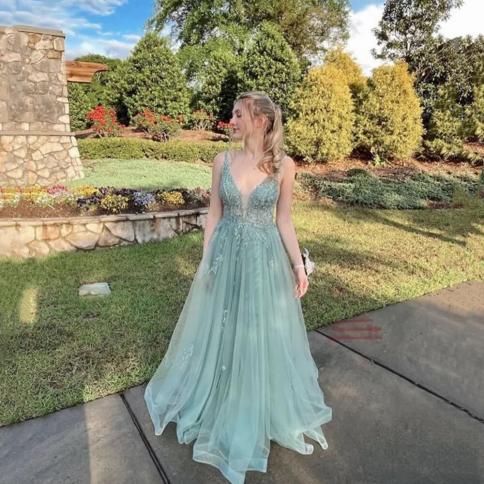 Princess Green Vneck Prom Party Dresses Spaghetti Strap Tulle Backless Floor Length Garden Formal Evening Party Dresses 