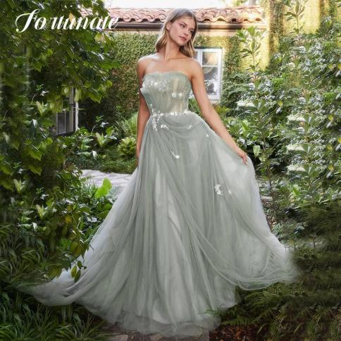 Fournate Light Green Strapless Prom Dress Garden Ruched Tulle Lace Flowers A Line Evening Party Dress Mesh Elegant Forma
