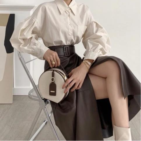 Elegant Lapel Single Breasted Lantern Sleeve Shirt Female Top High Waisted Pu Leather Large Swing Skirt Y2k Clothes Shir