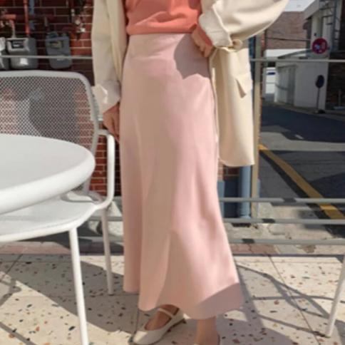 Slim A Line Solid Pink Satin Skirts Women Vintage Wrap Hip Faldas Largas Midi Suits Jupe Office Lady Black Ruffle Chiffo