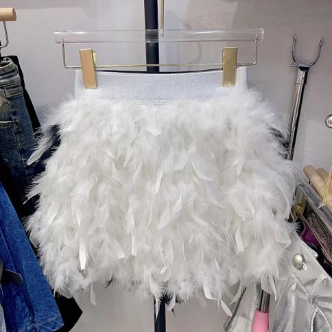Birthday Party Dress Fairy Sweet White Feather Skirt  Fashion Clothing Black White Mini Y2k Skirt Faldas Mujer 2023 
