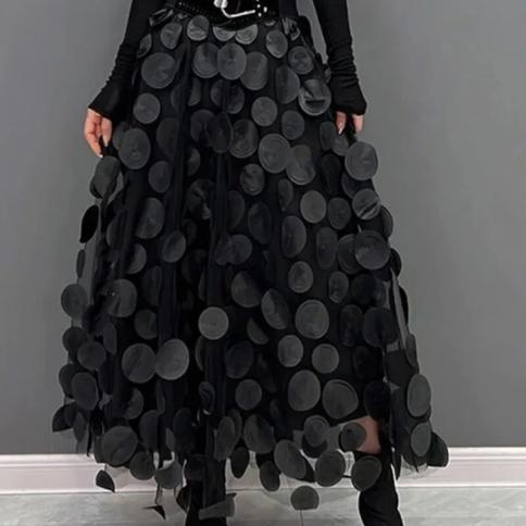 Polka Dot Women Skirt Black 2023 Spring Summer New  Fashion Trend Patchwork Mesh Skirt Streetwear Dress Black Largas