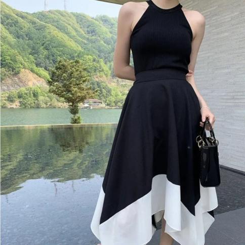 تنورة متأرجحة بطيات متباينة باللونين الأسود والأبيض ملابس نسائية كلاسيكية Faldas Mujer Moda 2023 بخصر عالٍ للأرداف على شكل حرف A