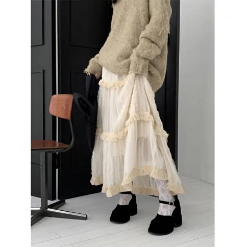  Lace Long Skirt Women Vintage High Waist Loose Fairycore Tassel Patchwork A Line Midi Skirt Girl Autumn 2023 New Faldas