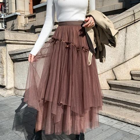 2023 Autumn Winter New Tulle Skirts Women A Line Mesh Flowing Draping Feeling Slim Pleated Streetwear Skirt Y2k