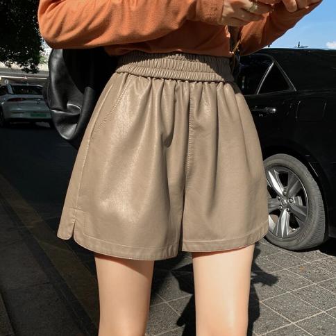 Khaki Shorts Women New 2023 Autumn Winter High Quality Pu Leather High Waist Slim Wide Leg Short Femme Casual