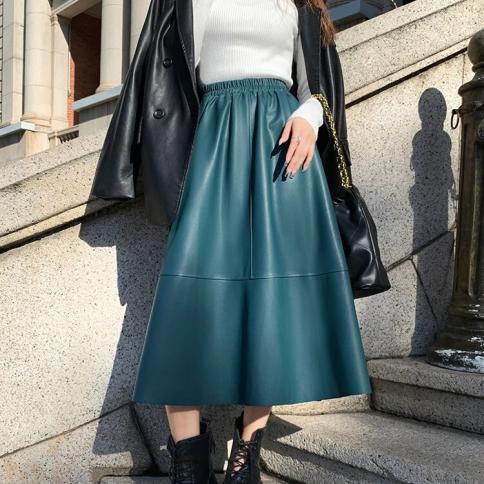Pu Leather Skirts 2023 Autumn Winter New High Waist Half Skirt Slim Elegant Soft A Line Leather Umbrella Skirt