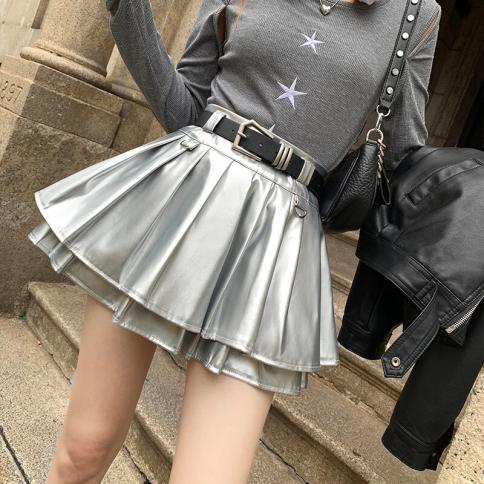 Pu Leather Mini Pleated Skirts  Club Outfits For Women 2023 Autumn And Winter Fashion Y2k Cute Short A Line Skirt