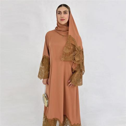 Fashion Muslim Maxi Dress Women Solid Sundress Islamic Clothing Lace Embroidery Sleeve Turkish Vestidos Oversized Robe R