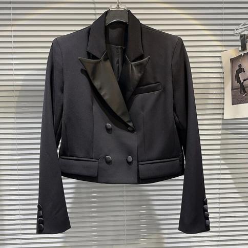 High Street – veste courte de styliste pour femmes, col en Satin épissé, Double boutonnage, nouvelle collection 2023
