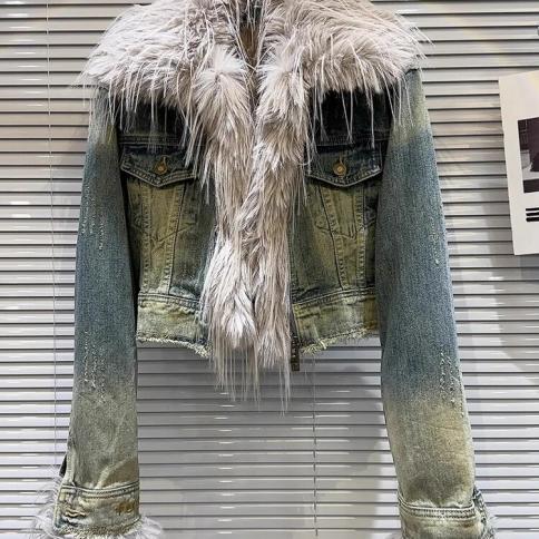 High Street – veste courte en Denim avec col en fourrure pour femme, veste de styliste d'hiver 2022