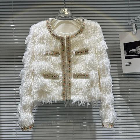 High Street – veste courte de styliste pour femmes, avec col en strass coloré, bord en peluche, nouvelle collection 2023