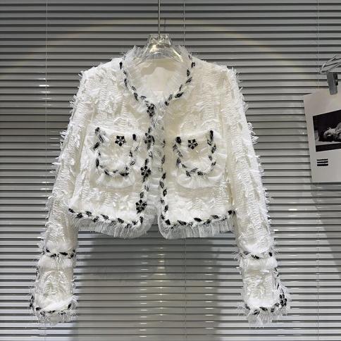 High Street mais recente moda 2023 jaqueta de designer feminino preto branco tecido borla jaqueta curta