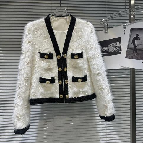 High street mais novo 2023 outono inverno moda designer jaqueta feminina fivela de metal lantejoulas pelúcia contrastante jaquet
