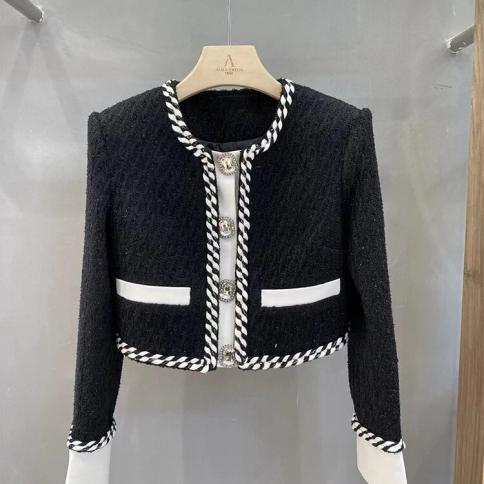 High street 2023 mais novo designer jaqueta feminina em torno do pescoço manga comprida único breasted cor bloco de lã curto jac