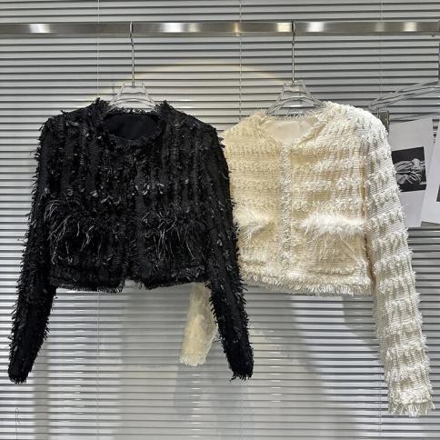 High street mais novo 2023 moda designer jaqueta feminina emendado cabelo de avestruz manga comprida tweed jaqueta curta