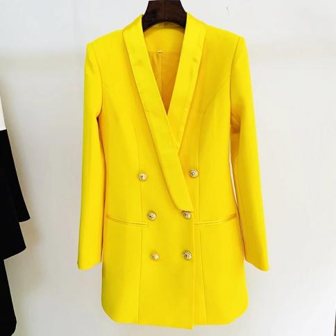 Mais novo 2023 designer longo blazer feminino leão botões duplo breasted cetim xale colarinho blazer vestido amarelo fluorescent