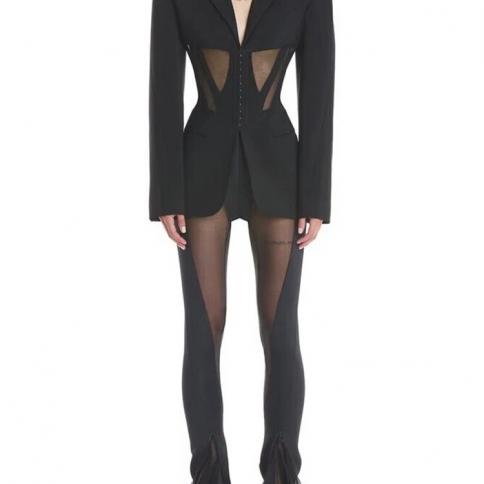 High Street Newest 2023 Designer Blazer Suit Women's Perspective Gauze Patchwork Blazer Pencil Pants