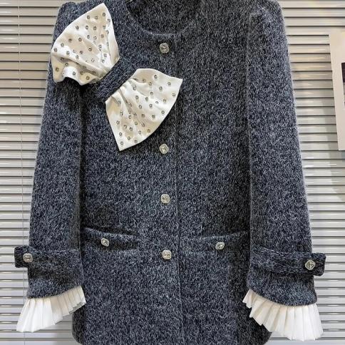 High Street Newest 2023 Designer Jacket Women's Diamond Bow Down Woolen Coat