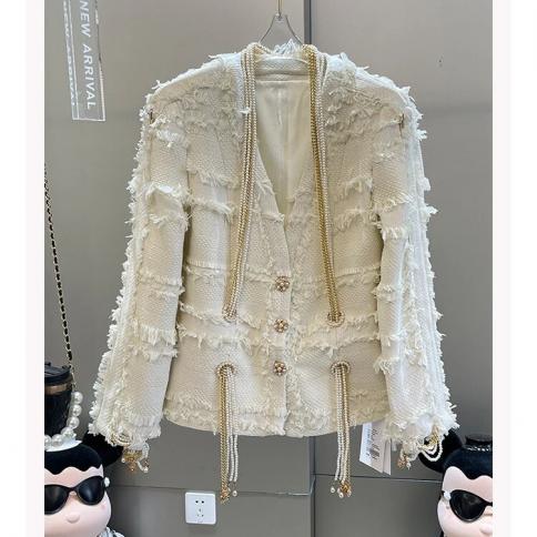 High Street Newest 2023 Fashion Designer Jacket Women's Pearl Chain Tassel Tweed Jacket