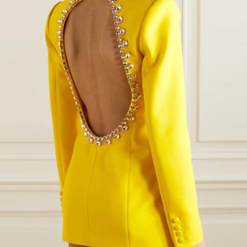 High Street Newest 2023 Designer Jacket Women's Rhinestone Diamonds Beaded Backless Long Blazer