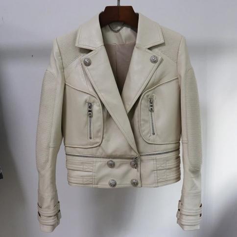 High Street New Fashion 2022 Designer Jacket Women's Lion Buttons Faux Leather Jacket Moto Jacket  Faux Leather