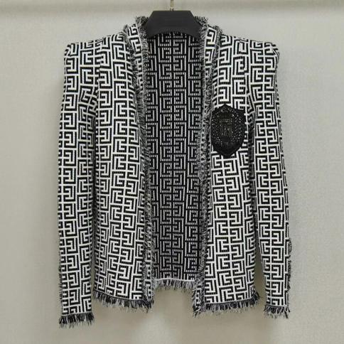 High Street Newest 2023 Fall Winter Designer Fashion Women's Tassel Fringed Geometric Jacquard Tweed Jacketjackets