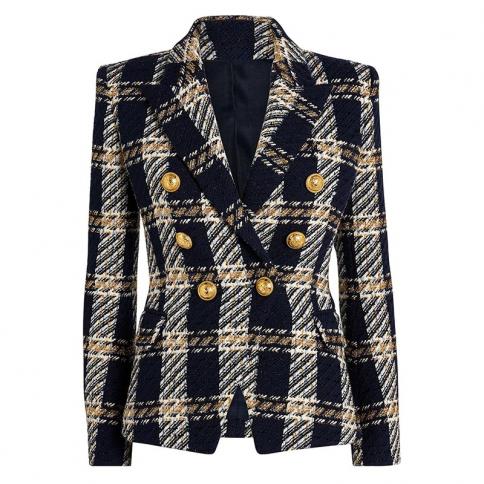 High Street Top Quality Newest Fashion  Designer Jacket Women's Lion Buttons Double Breasted Plaid Wool Tweed Blazer  Bl