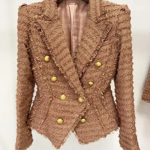 High Street Newest 2023 A/w Designer Jacket Women's Classic Lion Buttons Tassel Fringed Tweed Blazer