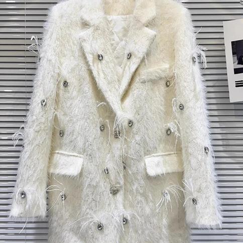 High Quality Newest 2023 Designer Jacket Women's Rhinestone Beaded Mink Velvet With Cotton Long Blazer