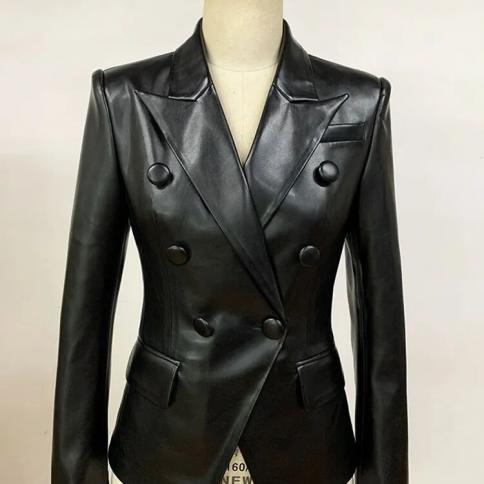Excellent Quality Newest Stylish Runway 2022 Designer Jacket Women's Slim Fitting Double Breasted Faux Leather Blazer  B