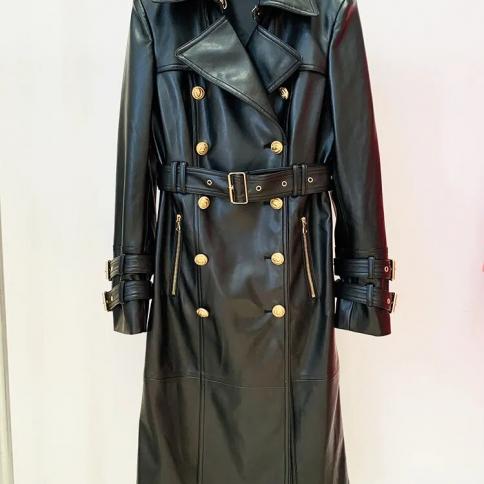 High Street Newest 2022 Fall Winter Designer Trench Women's Double Breasted Lion Buttons Synthetic Leather Long Trench O