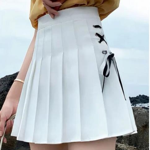 Summer Skirt Female  New Pleated Solid Color Tie College Style Short Aline Mini Skirt Safety Lining High Waist Small Fre