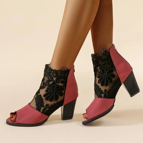 Lace Mesh Breathable 2023 New Middle Heel Roman Thick Heel Temperament Fashion All Match High Heels Fish Mouth Sandals