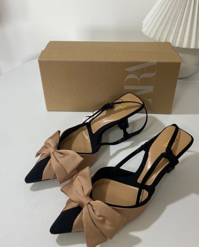 Za New Summer Pointed Toe Stiletto Pumps For Women With Bow Tie Back Fashion Sandals For Women In Color Matching