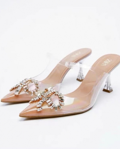 Za New Summer Pointed Toe Shallow Mouth Stiletto High Heels Women's Transparent One-line Brightly Decorated Baotou Back 