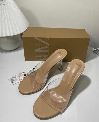 Za-zapatos de tacón alto con punta redonda para mujer, sandalias transparentes con correa de una línea, informales, a la moda, p