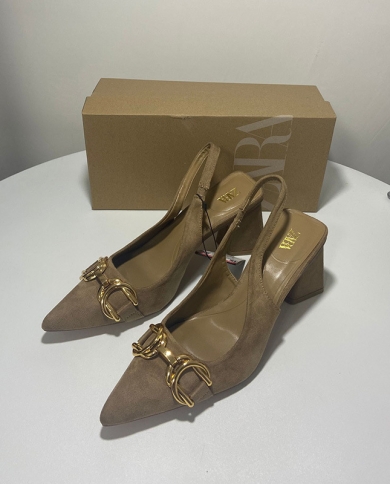 Za-Sandalias de tacón grueso con hebilla decorativa de Metal para mujer, zapatos de tacón alto con punta puntiaguda, en la espal