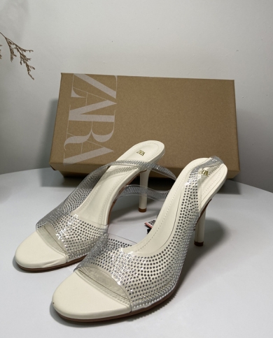 Za-Sandalias con punta redonda y tacón de aguja para mujer, zapatos con tira trasera y boca poco profunda, con diamantes prensad