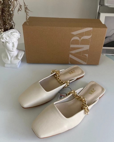 Za New Summer Square Toe Semi-trailed Toe Sandals For Women, Metal Chain Straps, Flat Mule Shoes, Versatile