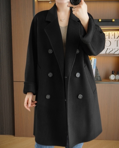 Novo outono e inverno casaco de lã dupla face para mulher, estilo trespassado gola terno, pequeno estilo perfumado lã