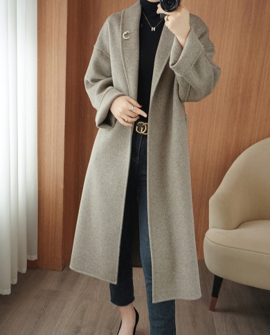 Novo outono e inverno casaco de lã dupla face para mulher, comprimento médio solto emagrecimento rendas roupão de lã casaco para