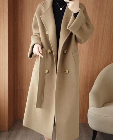 Casaco de lã dupla face feminino, comprimento médio, temperamento solto, trespassado, outono e inverno, novo casaco de lã
