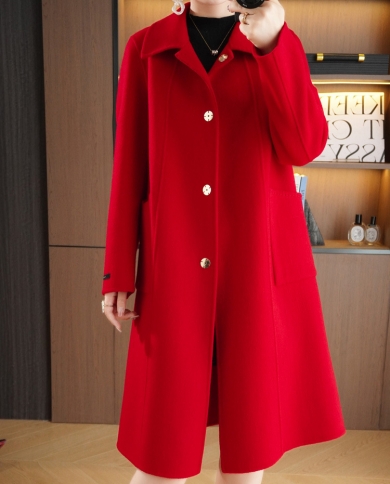 Casaco de lã dupla face para mulher, comprimento médio outono e inverno novo estilo boneca viajante casaco de lã fino