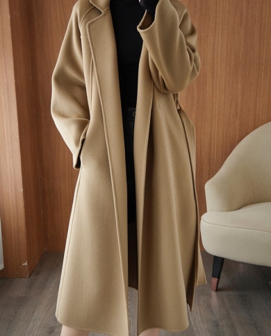 Novo outono e inverno casaco de lã dupla face para mulheres estilo solto comprimento médio rendas roupão de lã