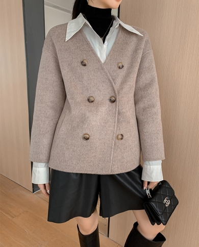 מעיל שיער קאמל דו צדדי חדש לסתיו וחורף לנשים, סגנון כפול חזה בצבע אחיד קטן בגזרה דקיקה