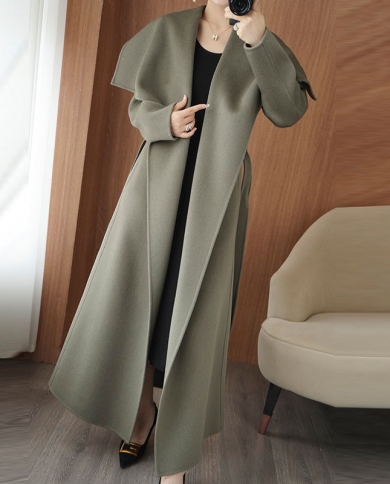 Nuevo abrigo de lana de doble cara con solapa grande para otoño e invierno, abrigo largo de lana con silueta de temperamento sue