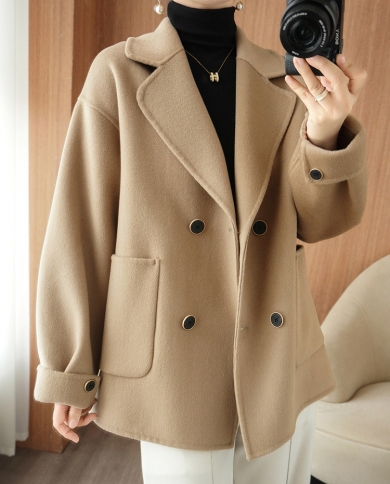 Nuevo Abrigo de lana de doble cara para mujer, abrigo de lana de doble cara con cuello de traje pequeño y doble botonadura, abri