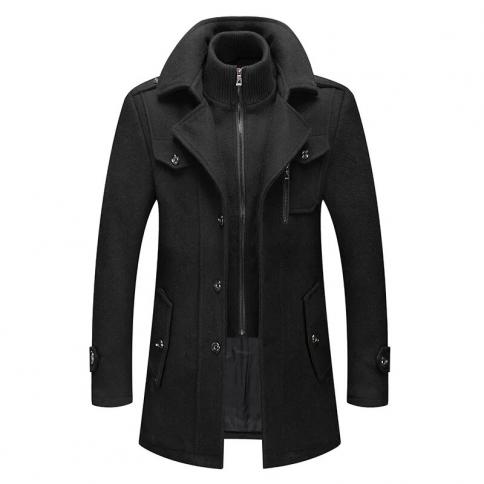 Men Jacket Business Causal Woolen Coat Winter Fashion Detachable Double Layer Collar Wool Blends Coat Thick Warm Long Co